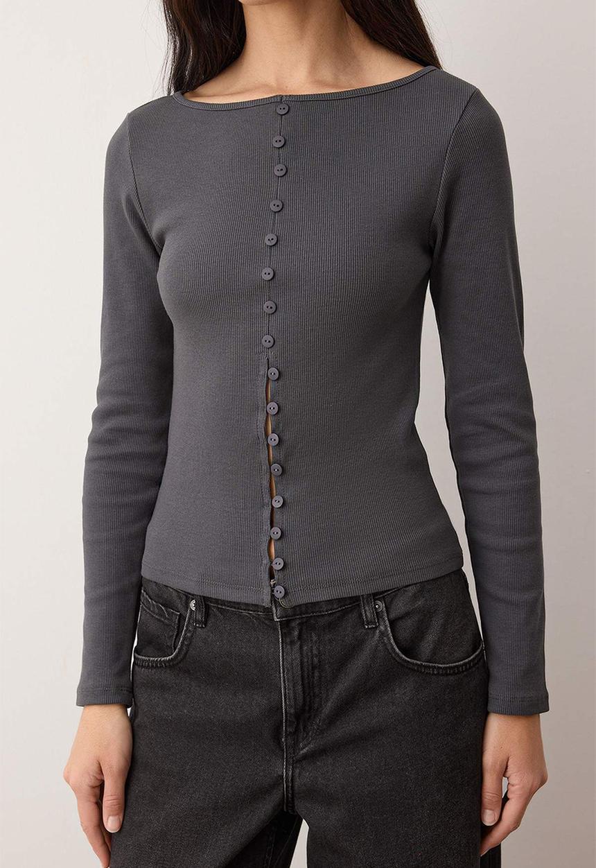 Trendyol - Button Detailed Crew Neck Corded Fabric Flexible Regular Length Knitted Blouse - Anthracite