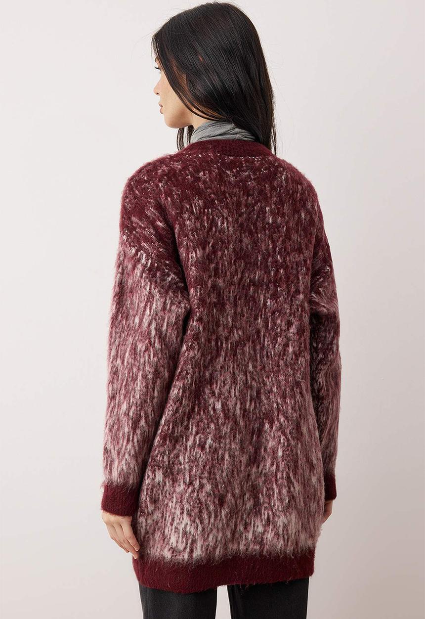 Trendyol - Feathered/Fleece-Lined Knitwear Cardigan - Burgundy
