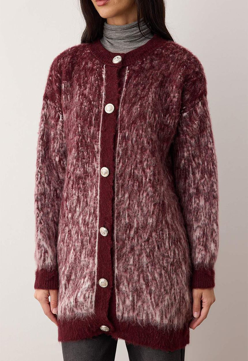 Trendyol - Feathered/Fleece-Lined Knitwear Cardigan - Burgundy