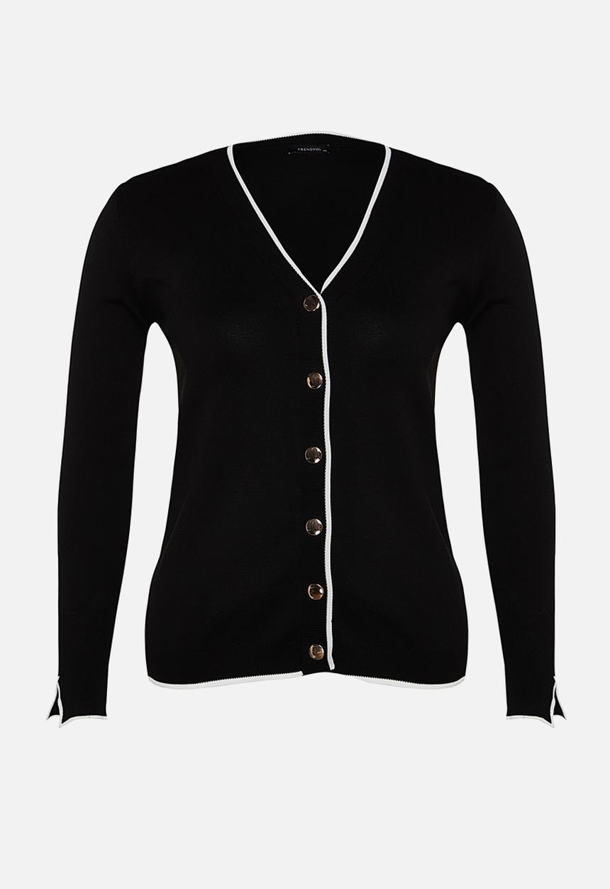Trendyol - Gold Button Detailed Striped Knitwear Cardigan - Black