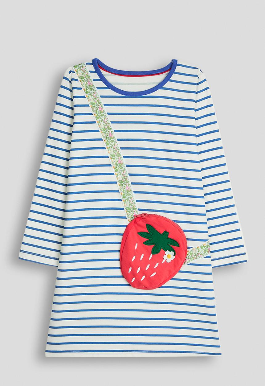 Pop Candy - Tshirt dress with floral strap strawberry pocket - blue stripes/multi