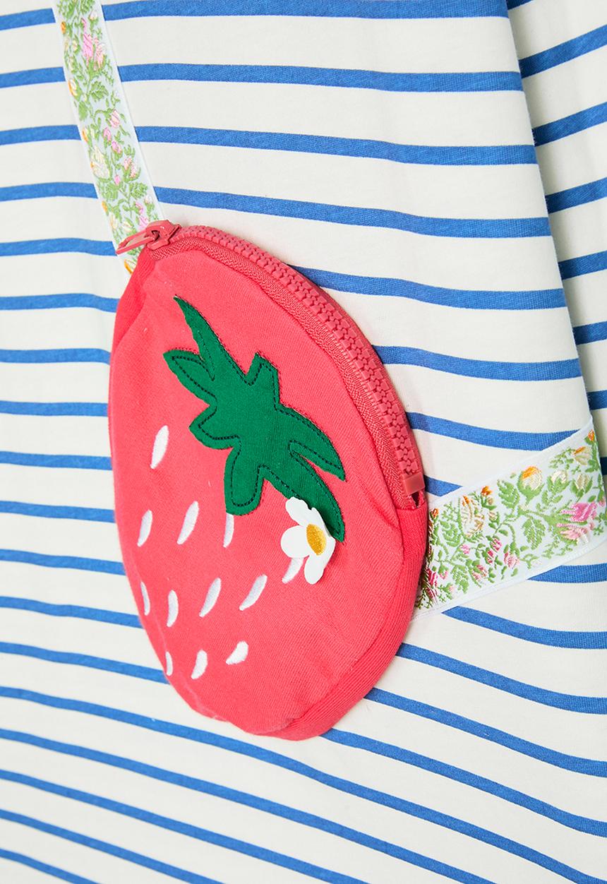 Pop Candy - Tshirt dress with floral strap strawberry pocket - blue stripes/multi