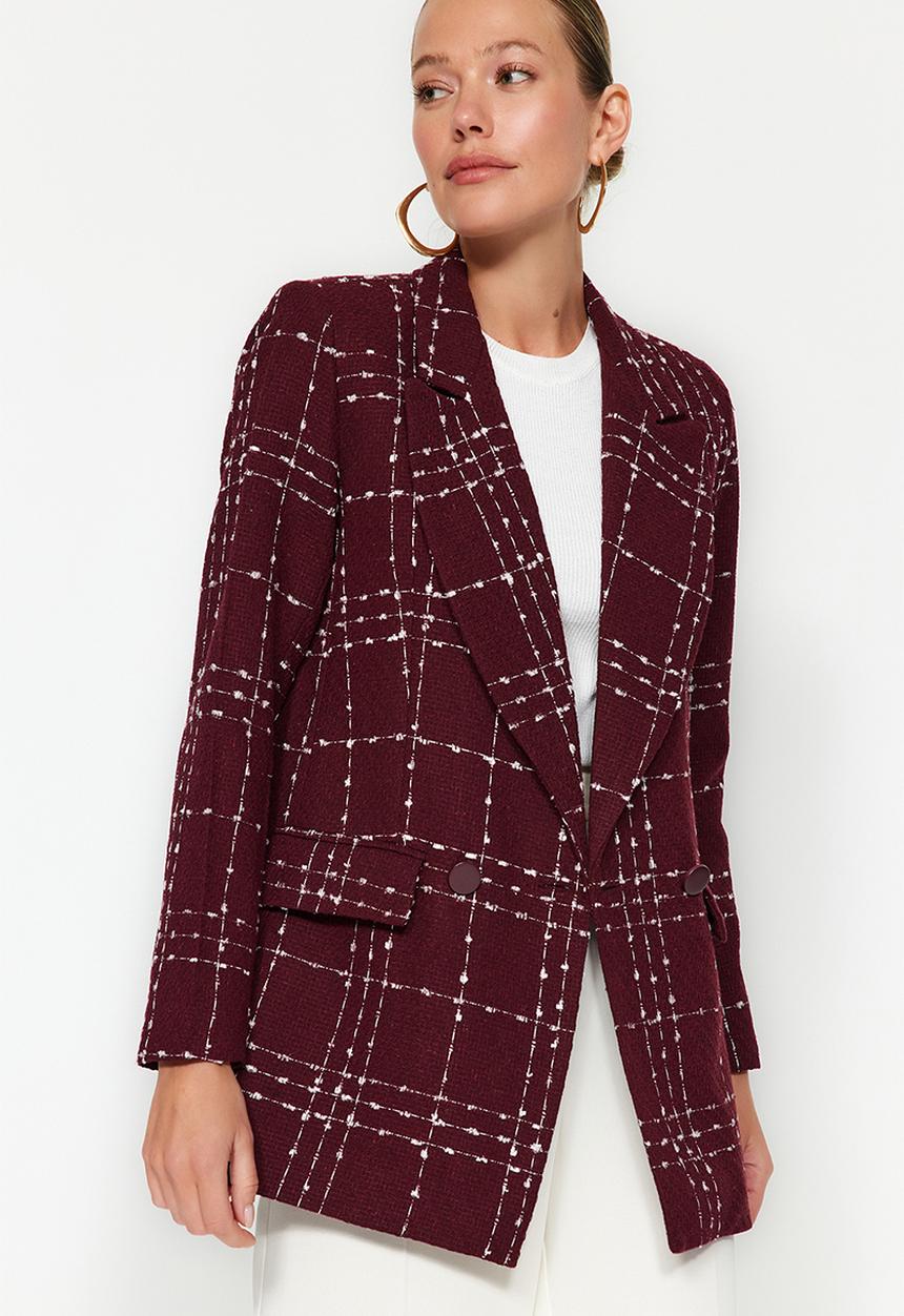 Trendyol - Oversize Woven Plaid Blazer Jacket - Claret Red
