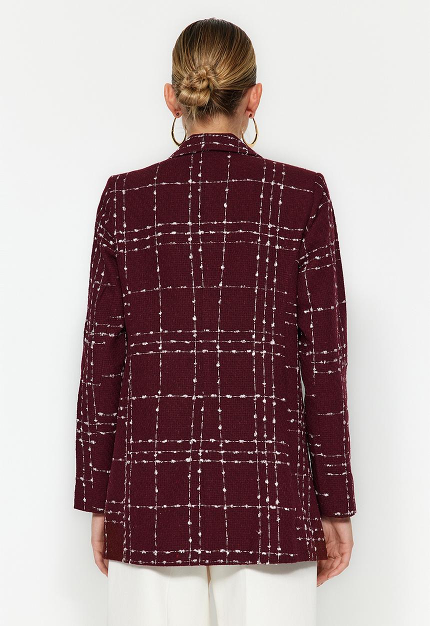 Trendyol - Oversize Woven Plaid Blazer Jacket - Claret Red