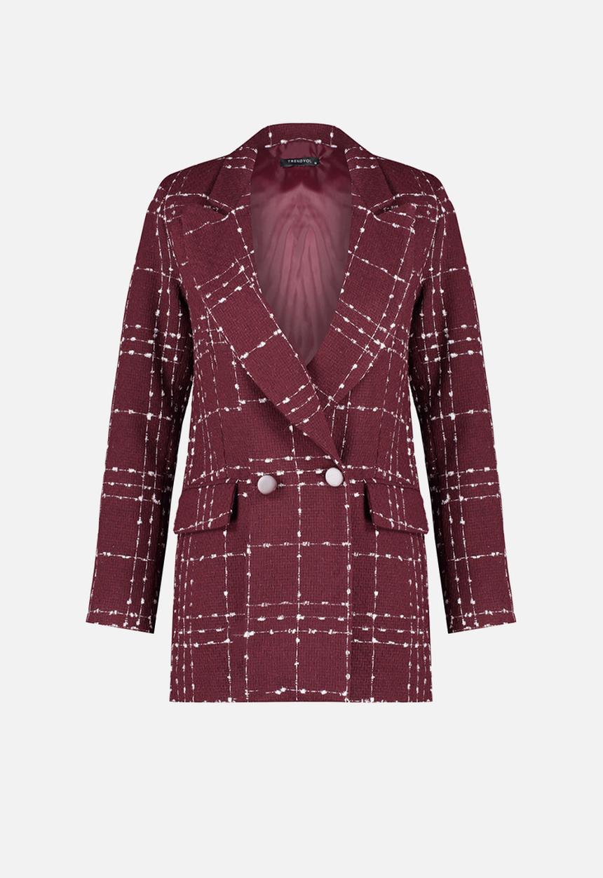 Trendyol - Oversize Woven Plaid Blazer Jacket - Claret Red