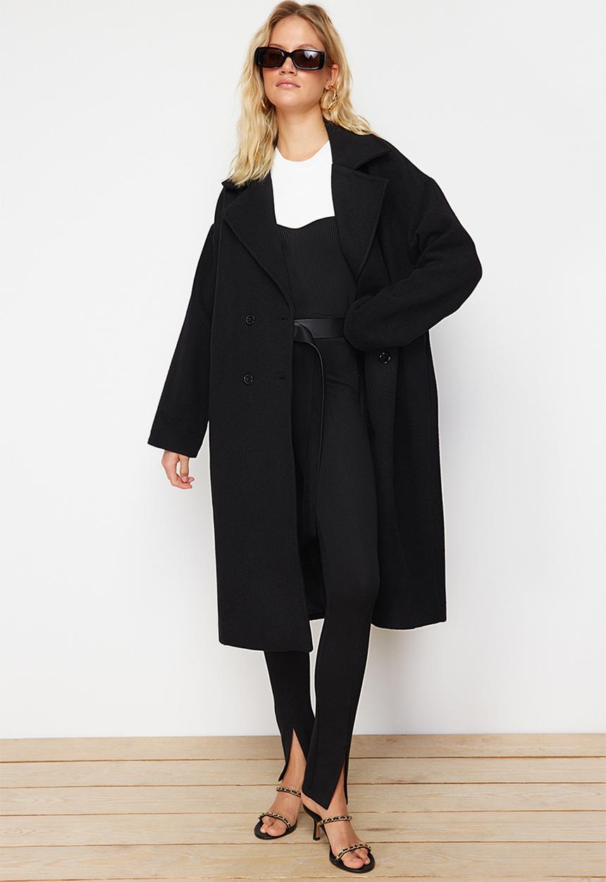 Trendyol - Oversize Wide Cut Long Wool Cashmere Coat - Black