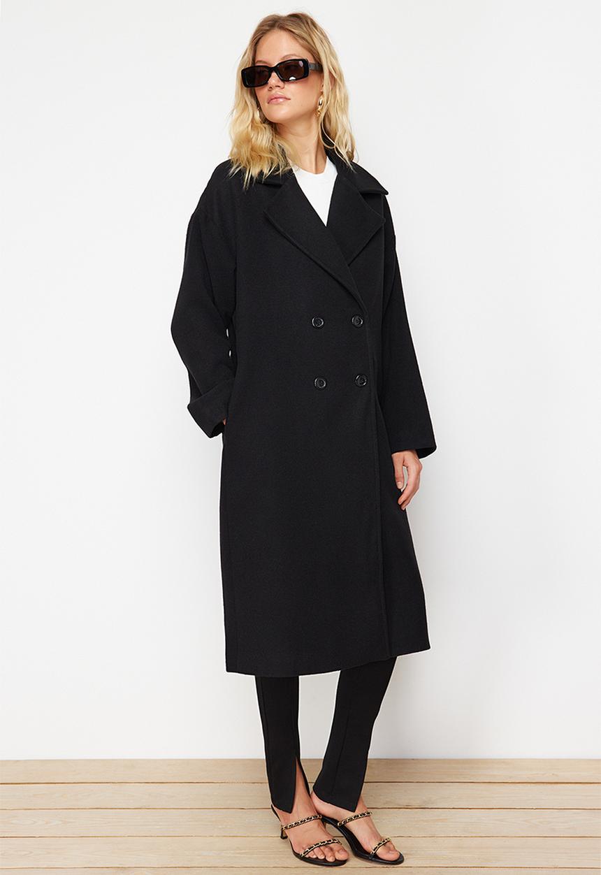 Trendyol - Oversize Wide Cut Long Wool Cashmere Coat - Black