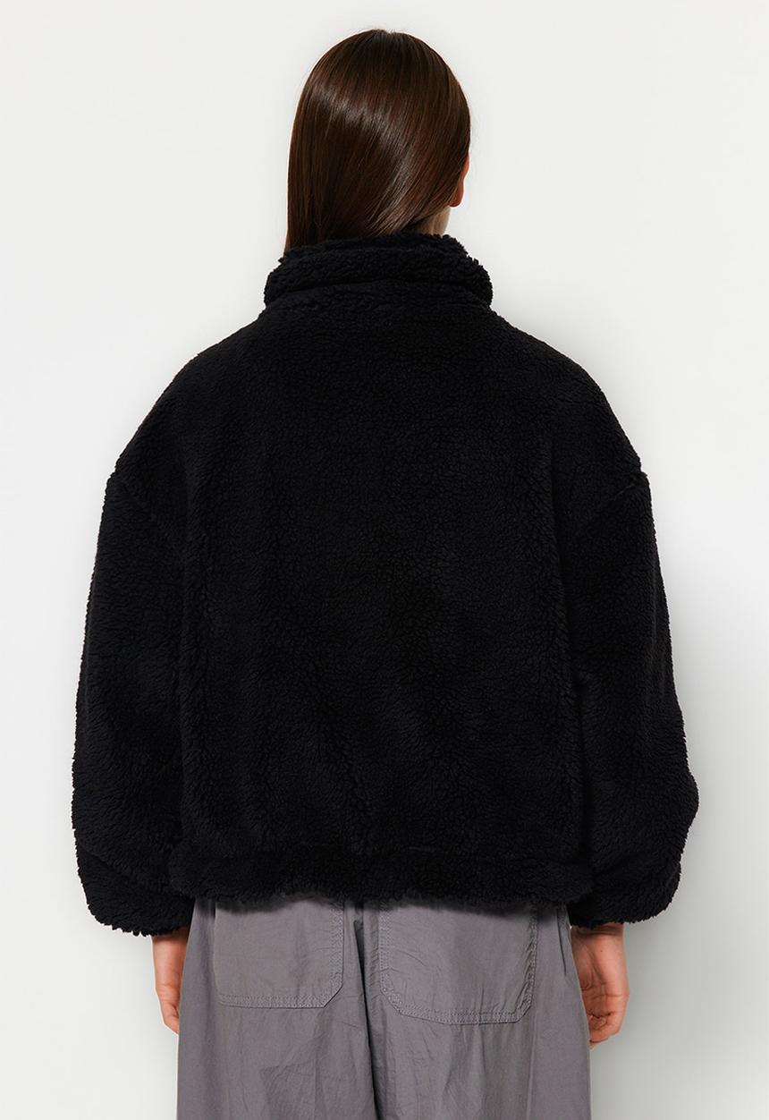Trendyol - Plush Oversize Jacket with Zipper - Black