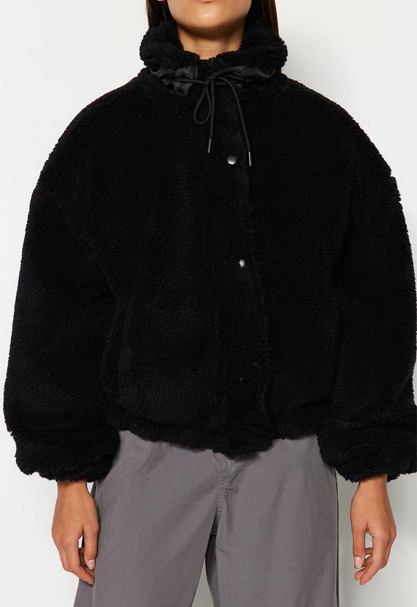 Trendyol - Plush Oversize Jacket with Zipper - Black
