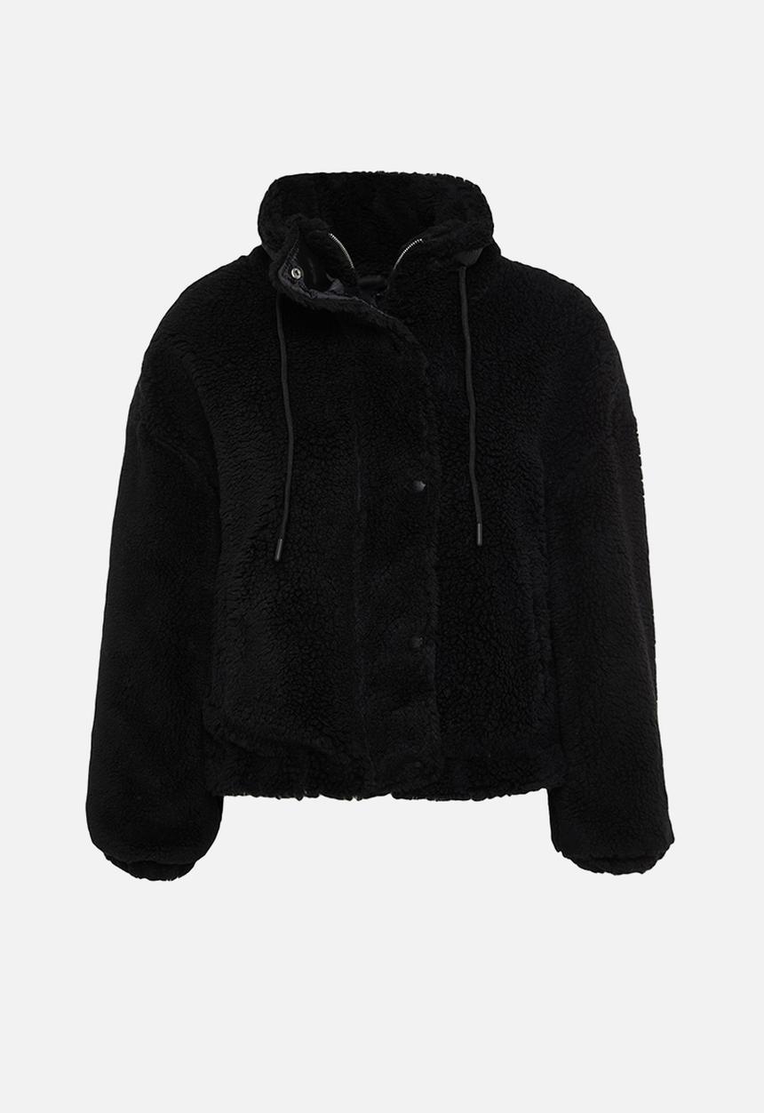 Trendyol - Plush Oversize Jacket with Zipper - Black