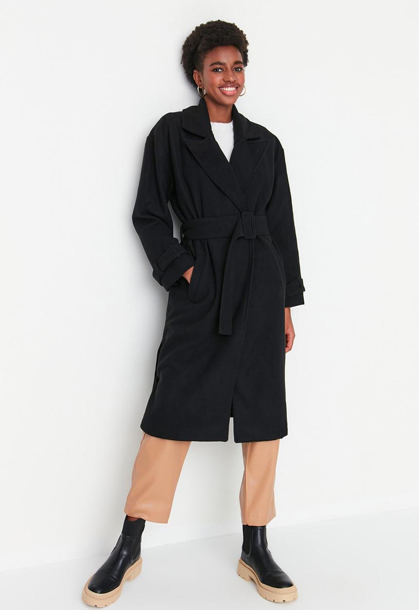 Trendyol - Oversize Wide Cut Belted Long Wool Stamp Coat - Black