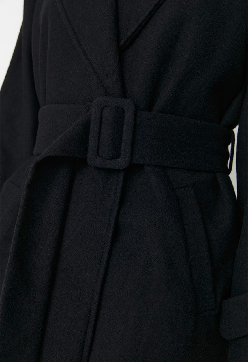 Trendyol - Oversize Wide Cut Belted Long Wool Stamp Coat - Black