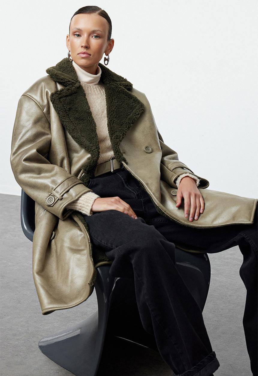 Trendyol - Collar Fur Detailed Oversize Long Coat - Khaki