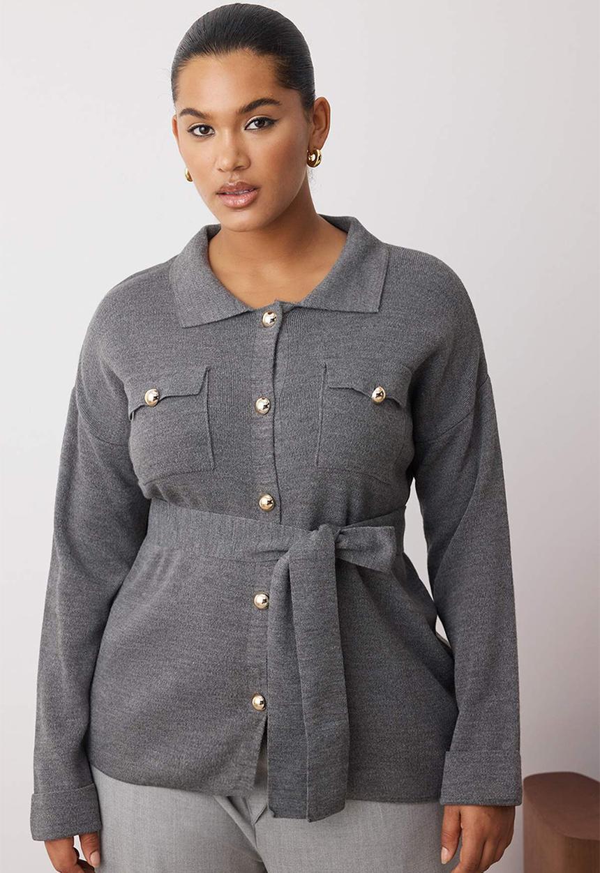 Trendyol - Plus Belted Knitwear Cardigan - Anthracite