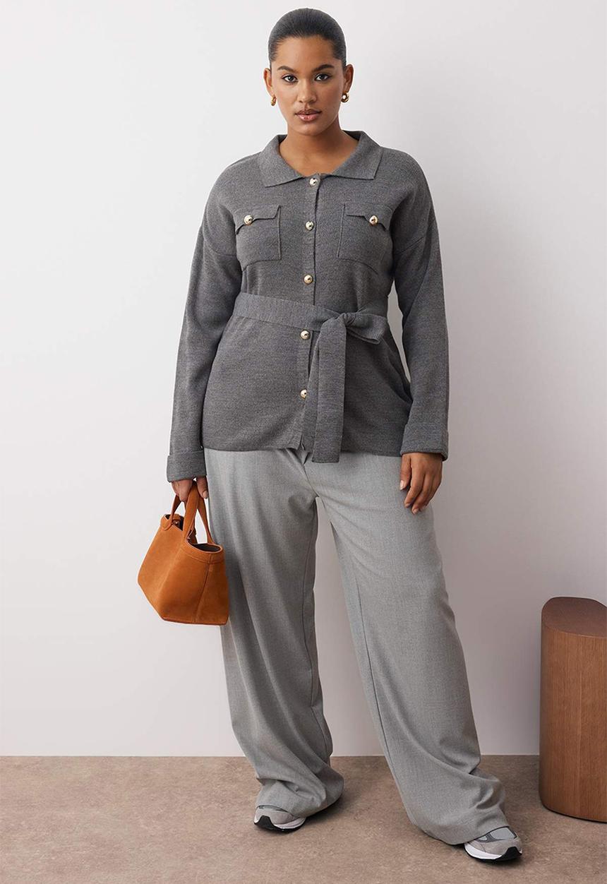 Trendyol - Plus Belted Knitwear Cardigan - Anthracite
