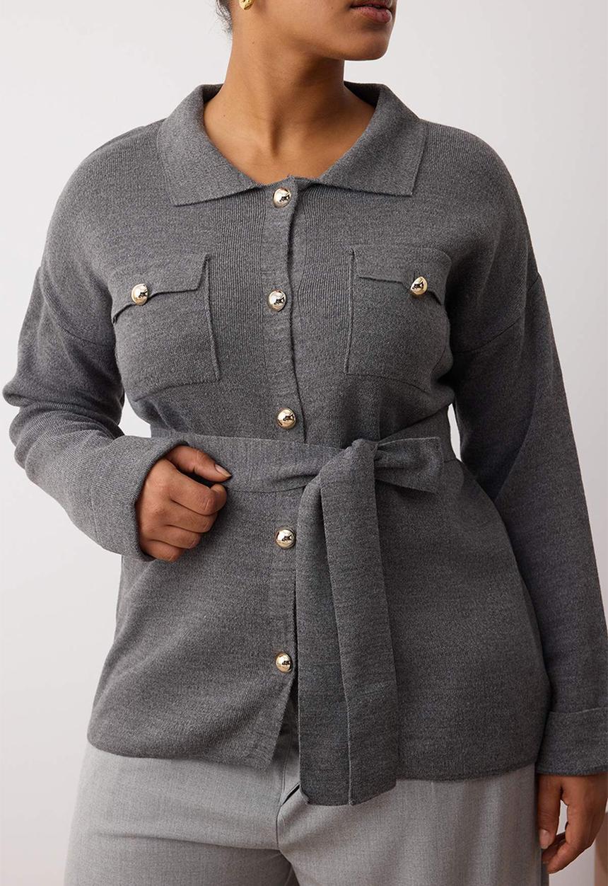 Trendyol - Plus Belted Knitwear Cardigan - Anthracite