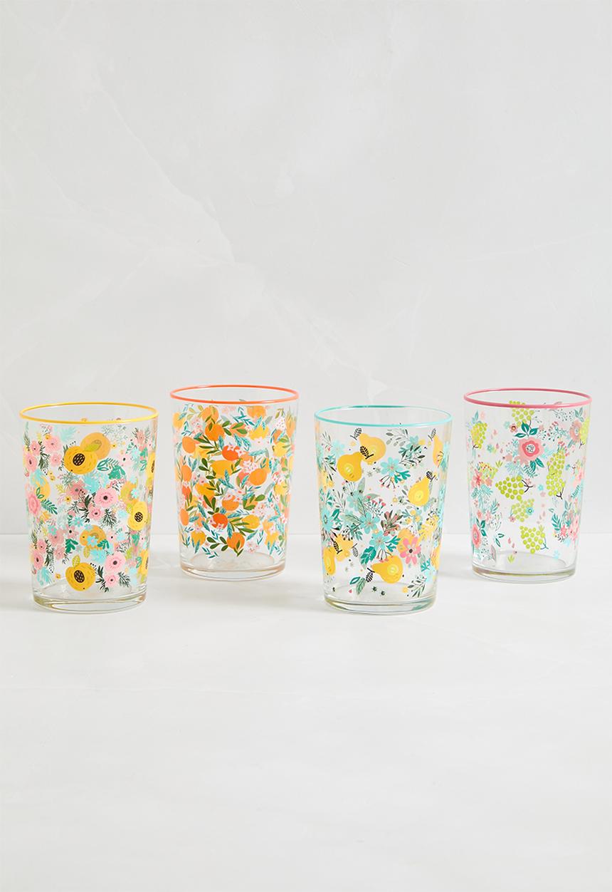 Excellent Houseware - Spring Garden Drinking Glass Set Of 4 - Multi