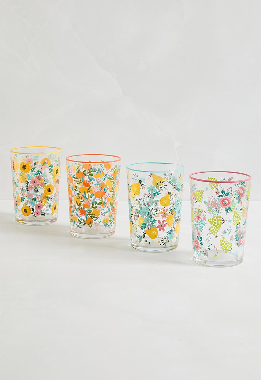 Excellent Houseware - Spring Garden Drinking Glass Set Of 4 - Multi