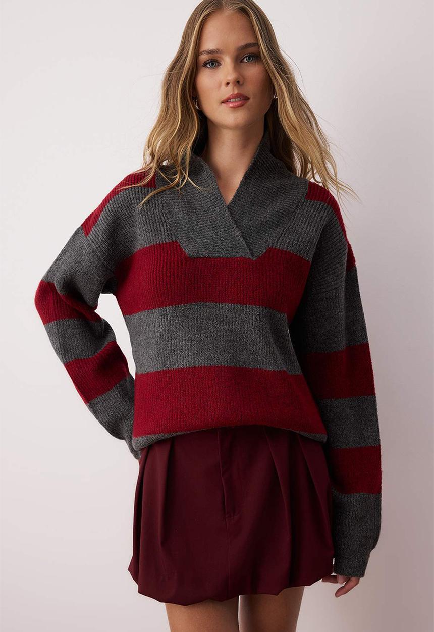 Trendyol - Soft Textured Wide Fit Thick V-Neck Knitwear Sweater - Burgundy