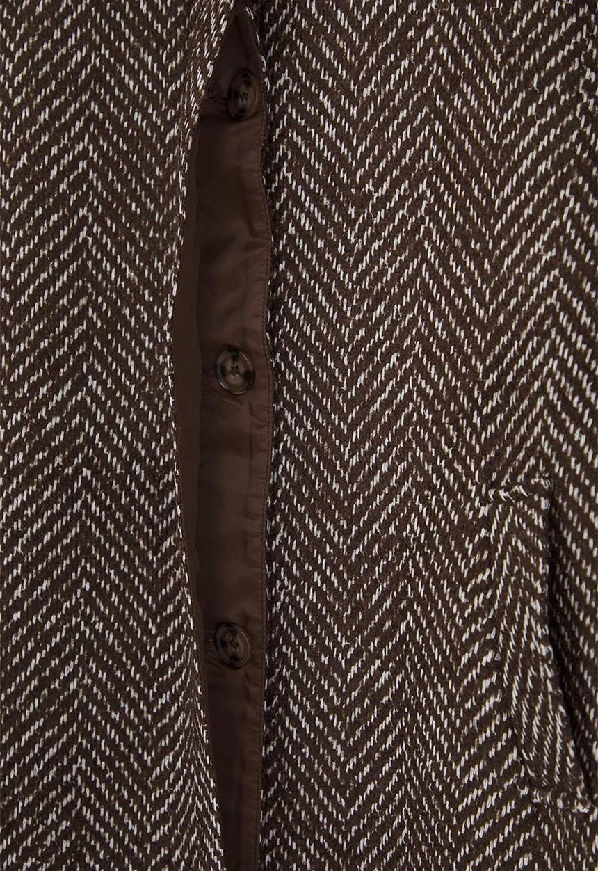 Trendyol - Fur Detailed Houndstooth Mono Closure Oversize Long Cashmere Coat - Brown