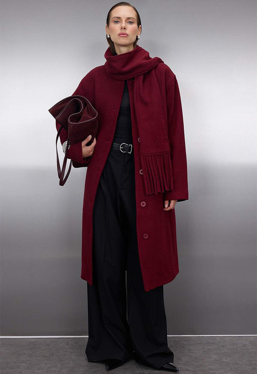 Shawl Detailed Mono Closure Oversize Long Cashmere Coat - Burgundy