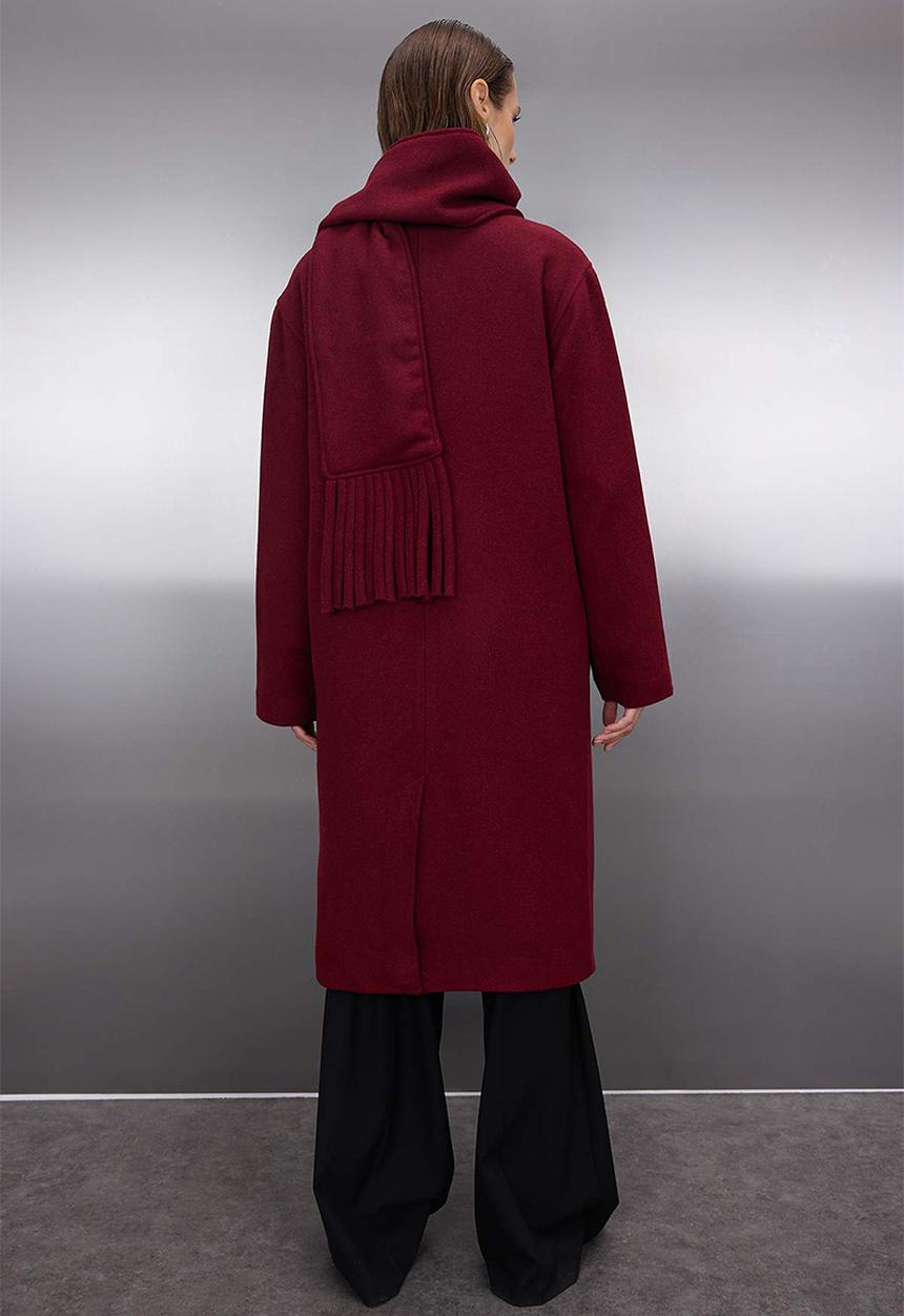 Trendyol - Shawl Detailed Mono Closure Oversize Long Cashmere Coat - Burgundy