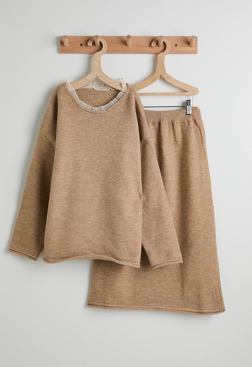 Pop Candy - Knit sweater & midi skirt set - wheat brown