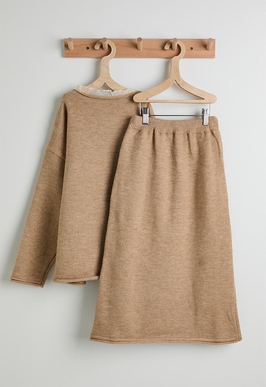 Pop Candy - Knit sweater & midi skirt set - wheat brown