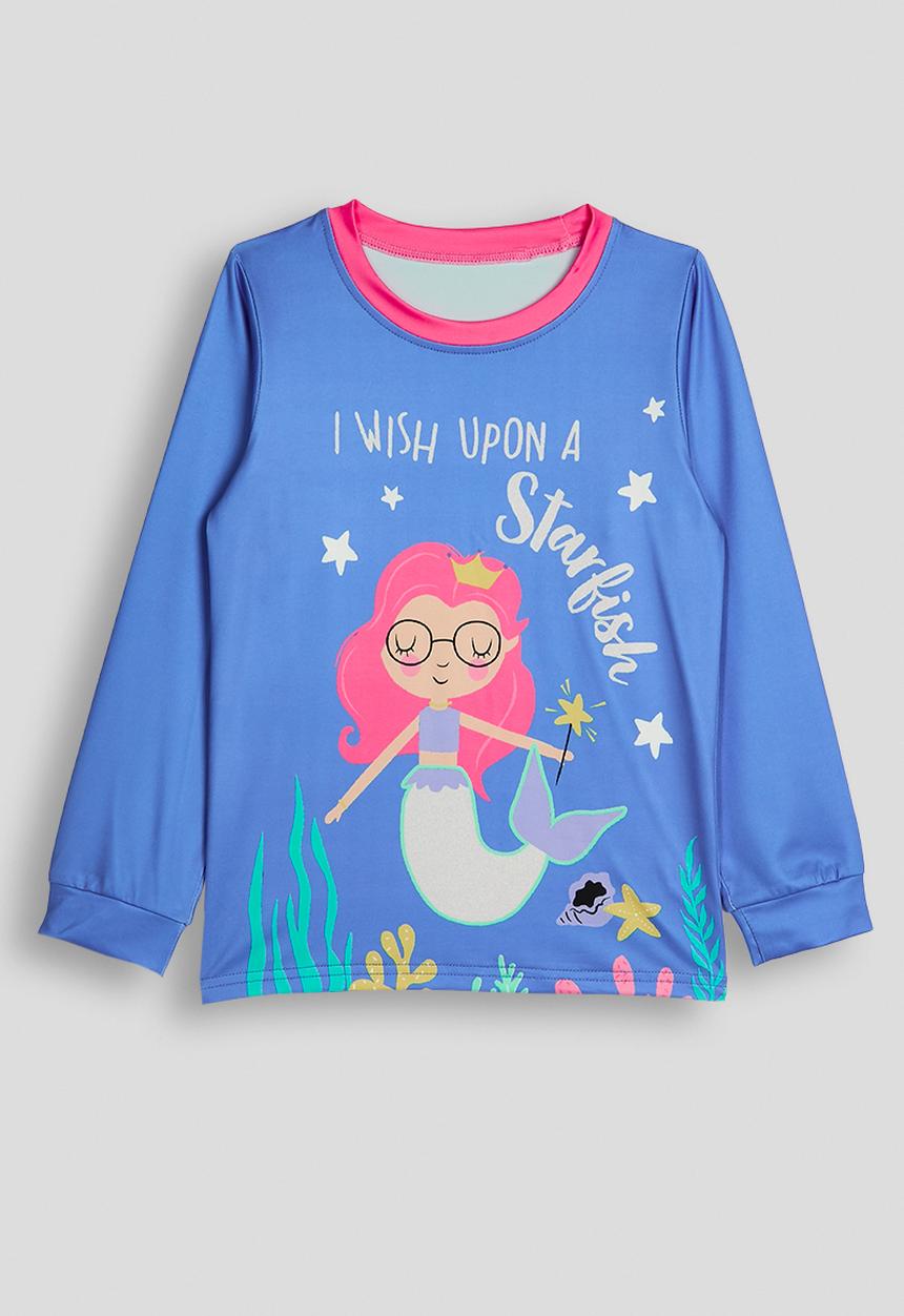 Pop Candy - Mermaid graphic and starfish aop pj set - cornflower blue