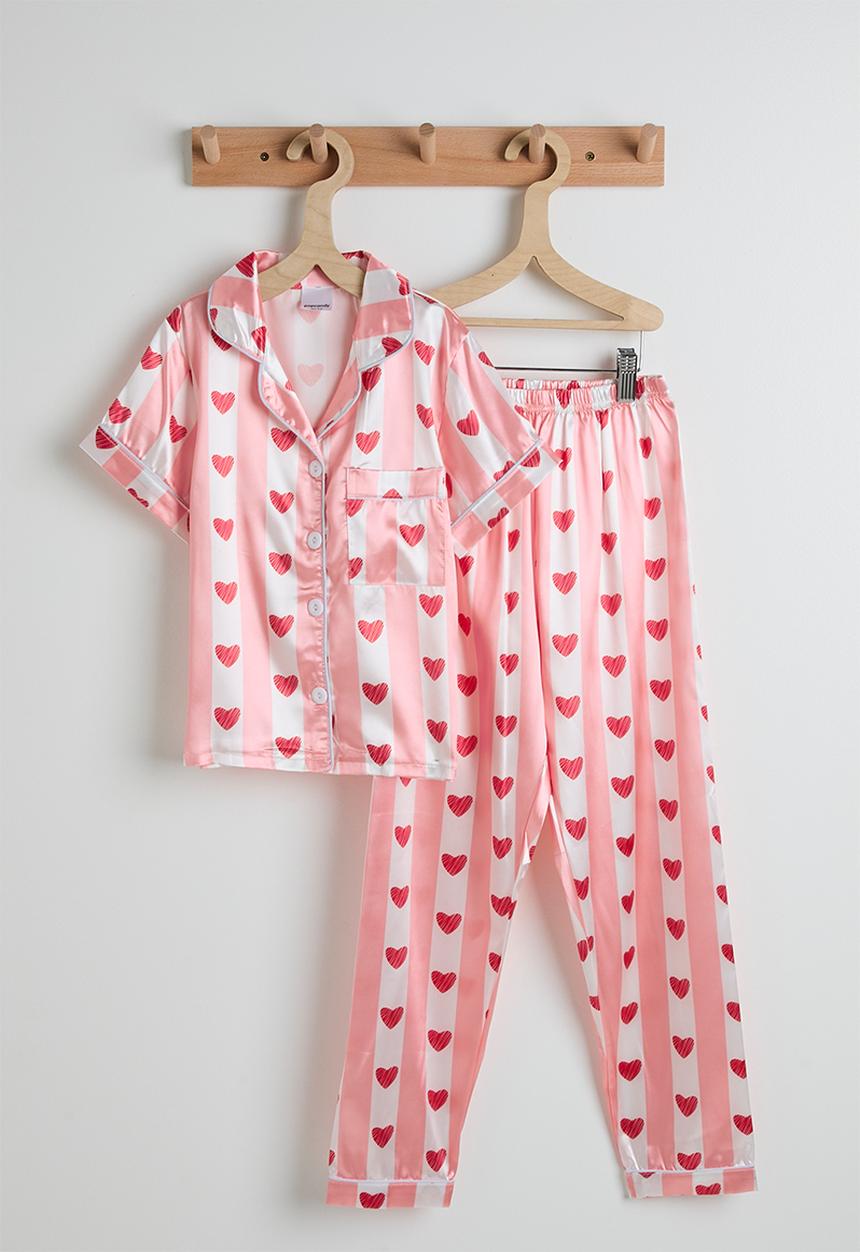 Pop Candy - Short sleeve silk pj set - pink stripes/heart aop