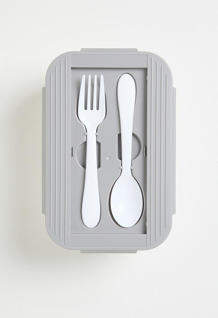Excellent Houseware - Lunchbox with spoon & fork set - White & Grey