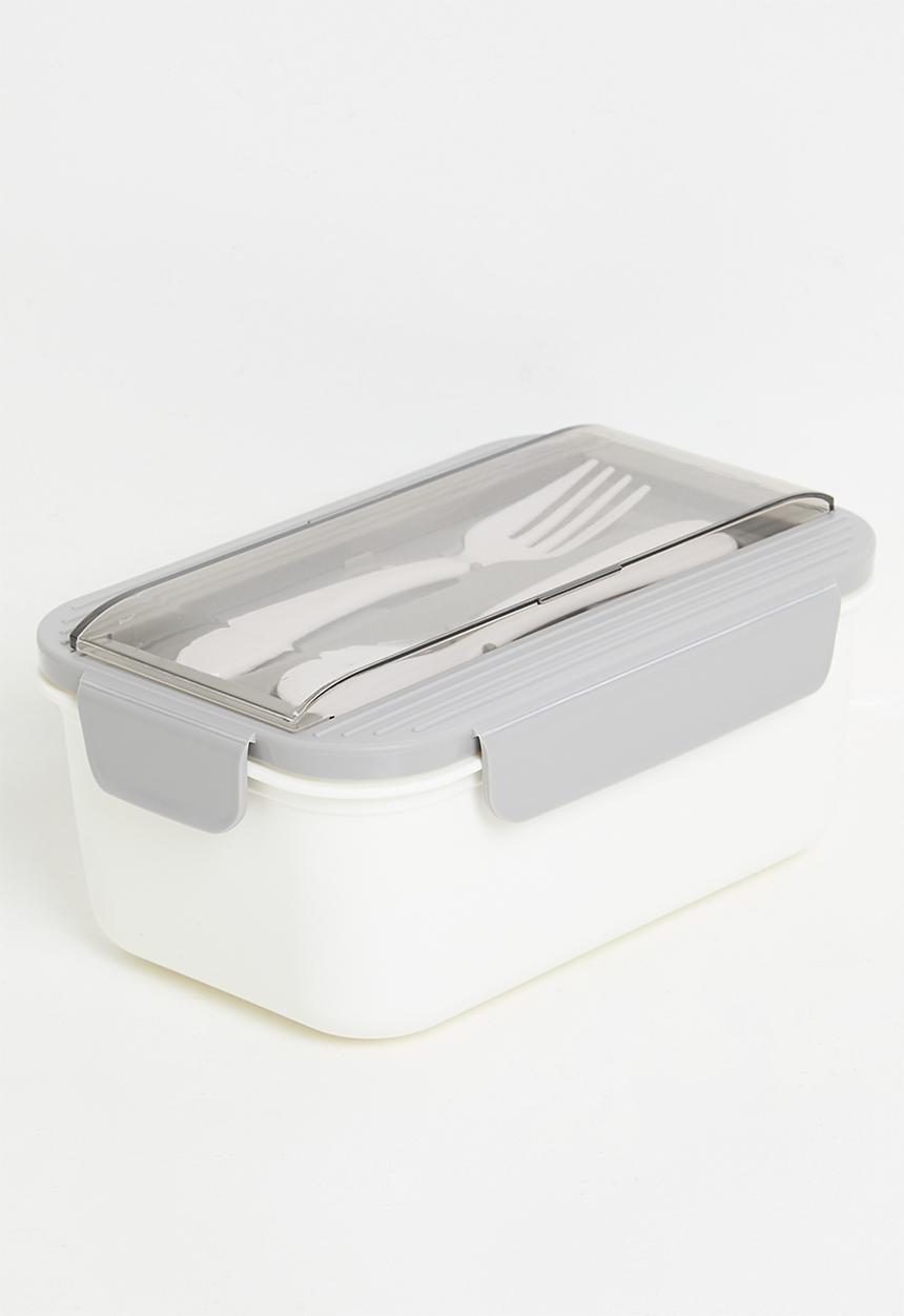 Excellent Houseware - Lunchbox with spoon & fork set - White & Grey