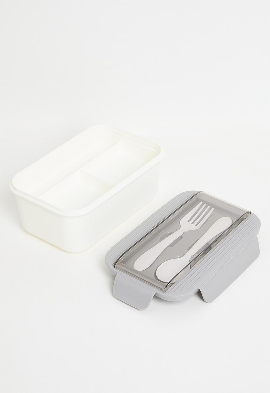 Excellent Houseware - Lunchbox with spoon & fork set - White & Grey