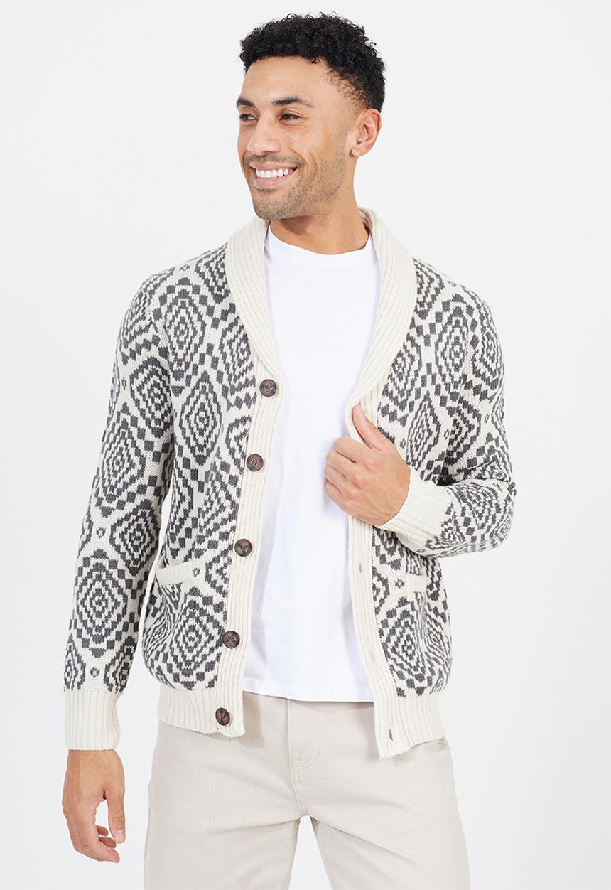 Shawl Collar Cardigan - Oatmeal / Slate Grey