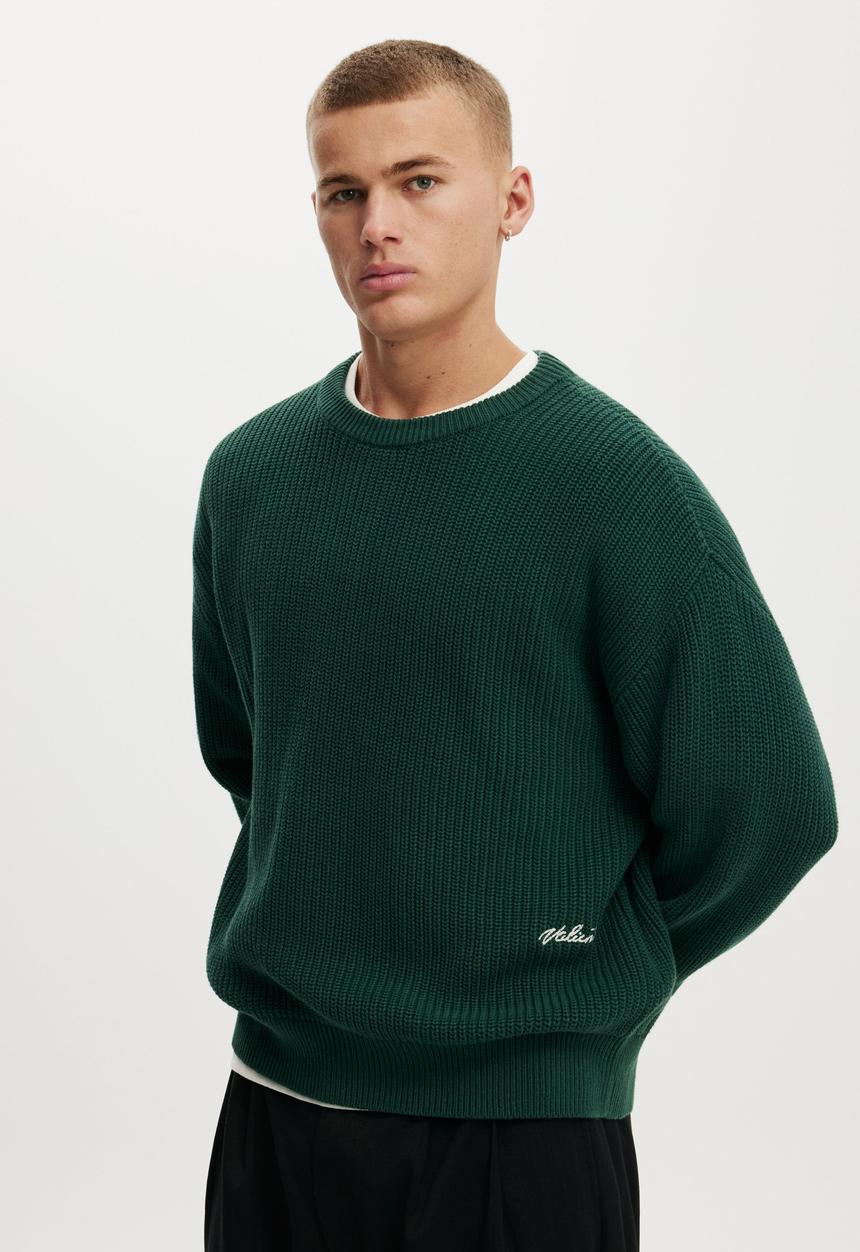 Cotton On - Box Fit Crew Knit - Forest Emb
