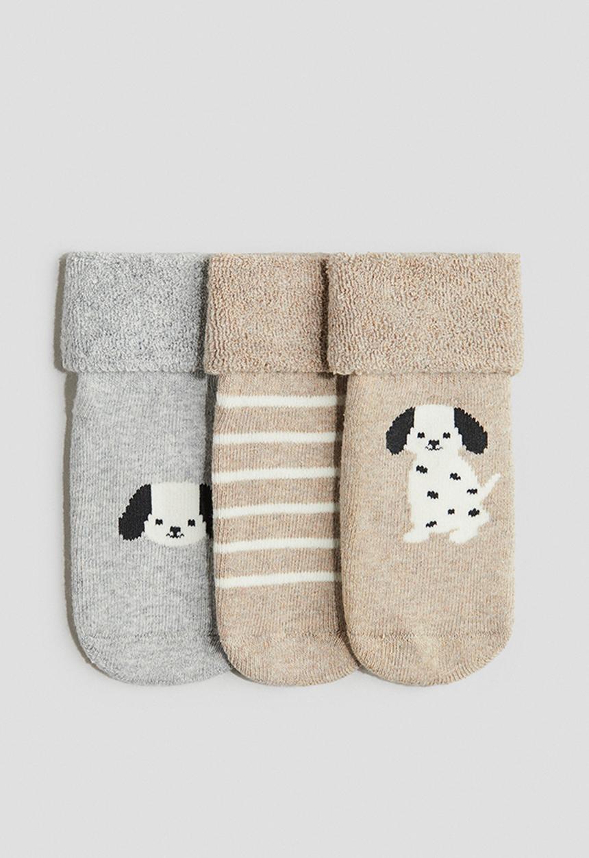 H&M - 3-pack terry socks - beige/puppy