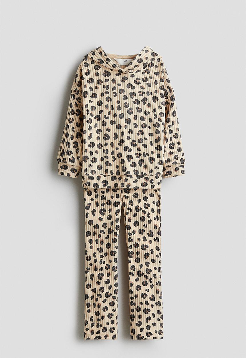 H&M - 2-piece brushed rib-knit set - beige/leopard print 