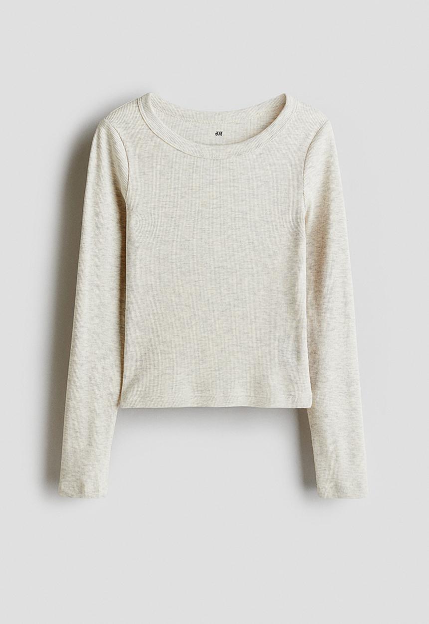 H&M - Ribbed cotton jersey top - light beige marl 
