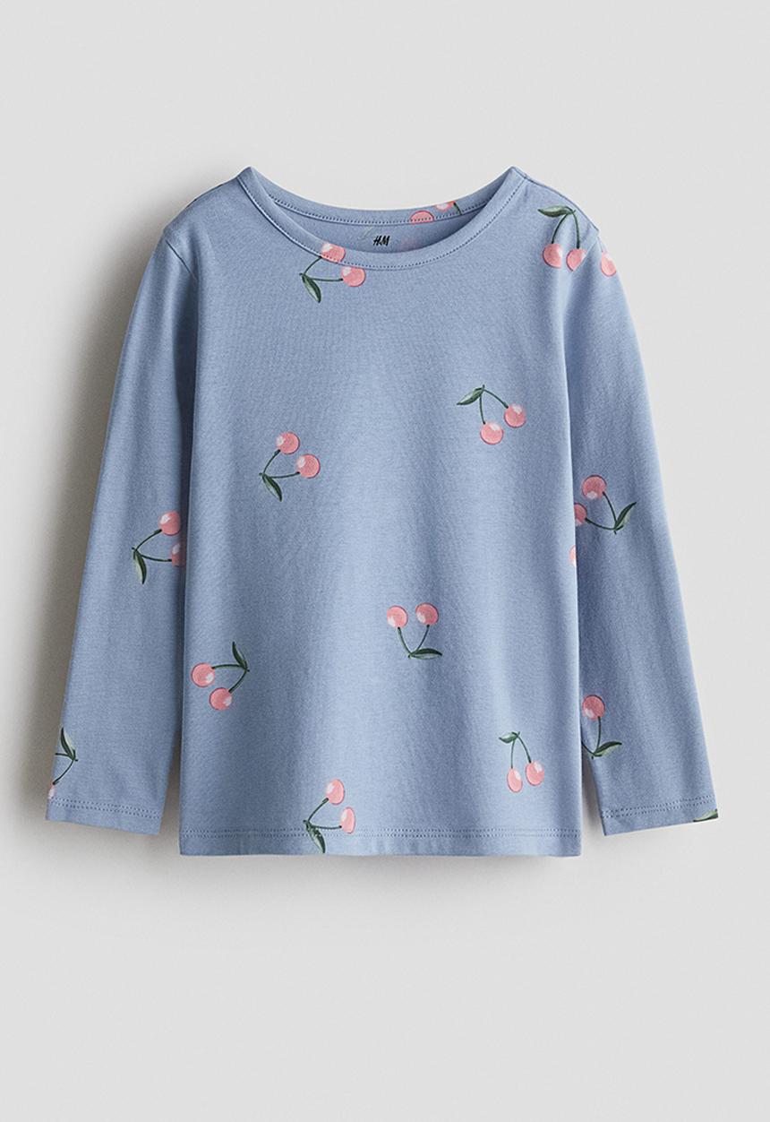 H&M - Printed jersey top - light blue/cherries 
