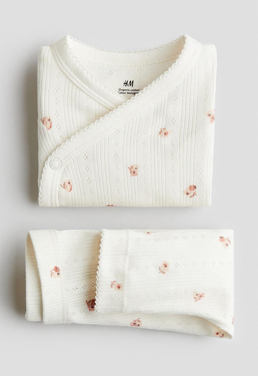 H&M - 2-piece cotton pointelle set - cream/floral 