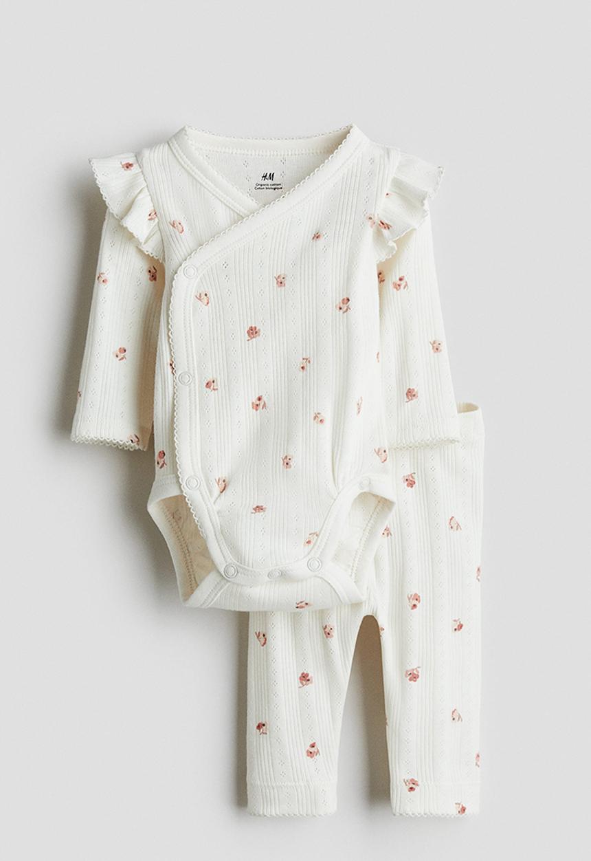 H&M - 2-piece cotton pointelle set - cream/floral 