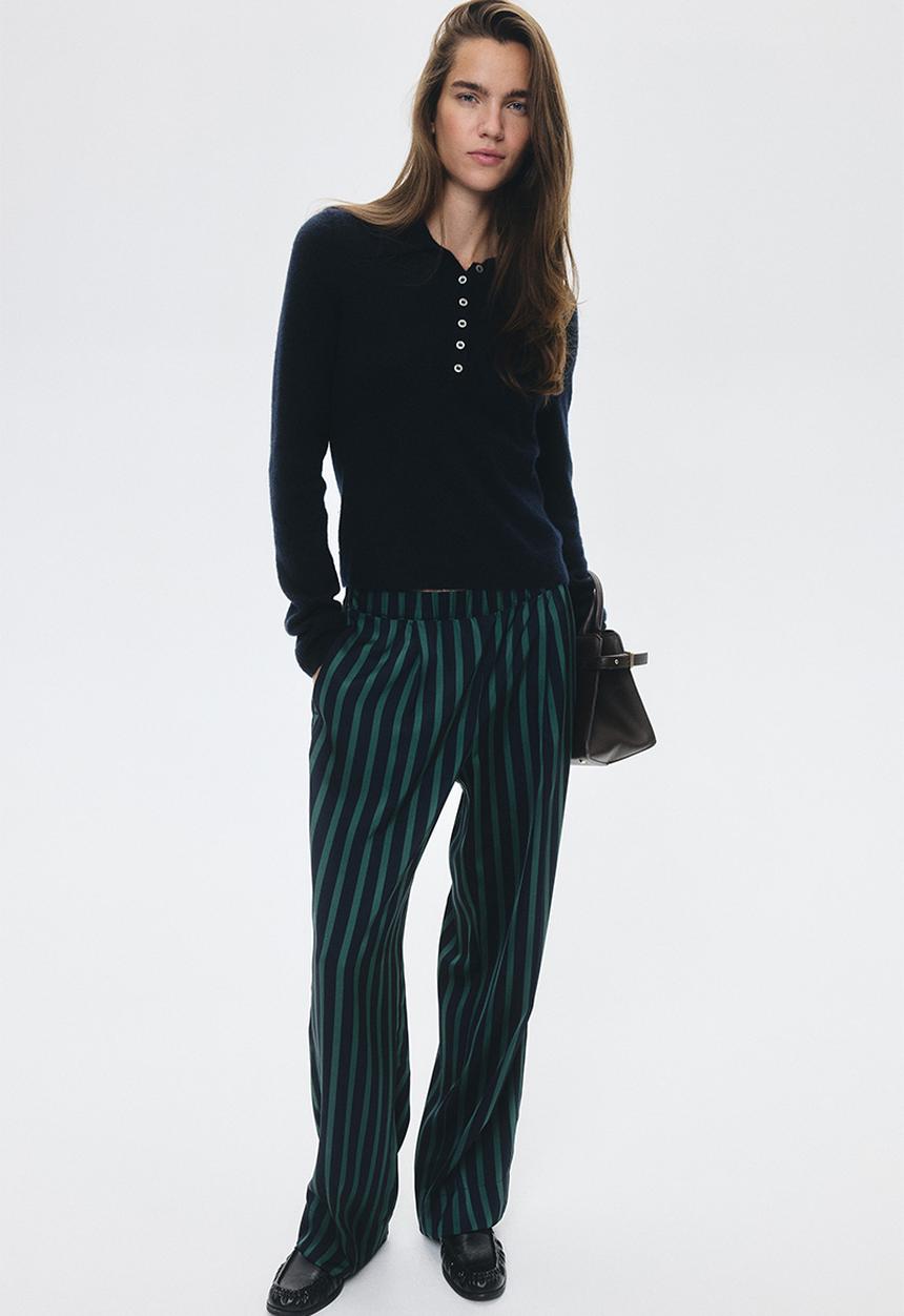 H&M - Pull-on trousers - navy blue/green striped