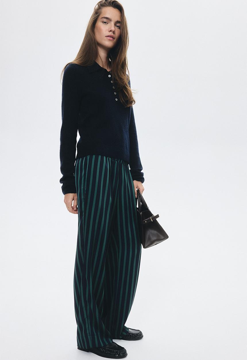 H&M - Pull-on trousers - navy blue/green striped