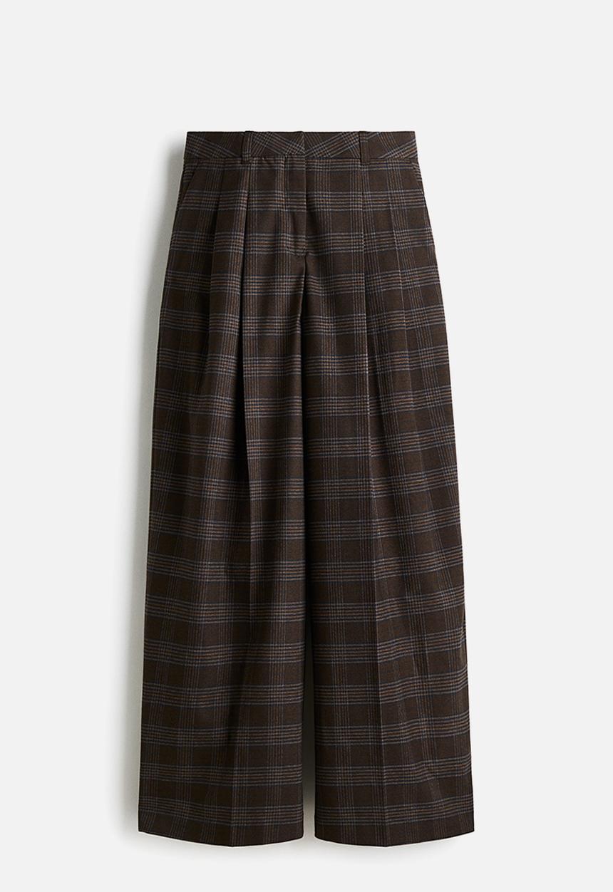 H&M - Wide tailored trousers - dark brown/checked