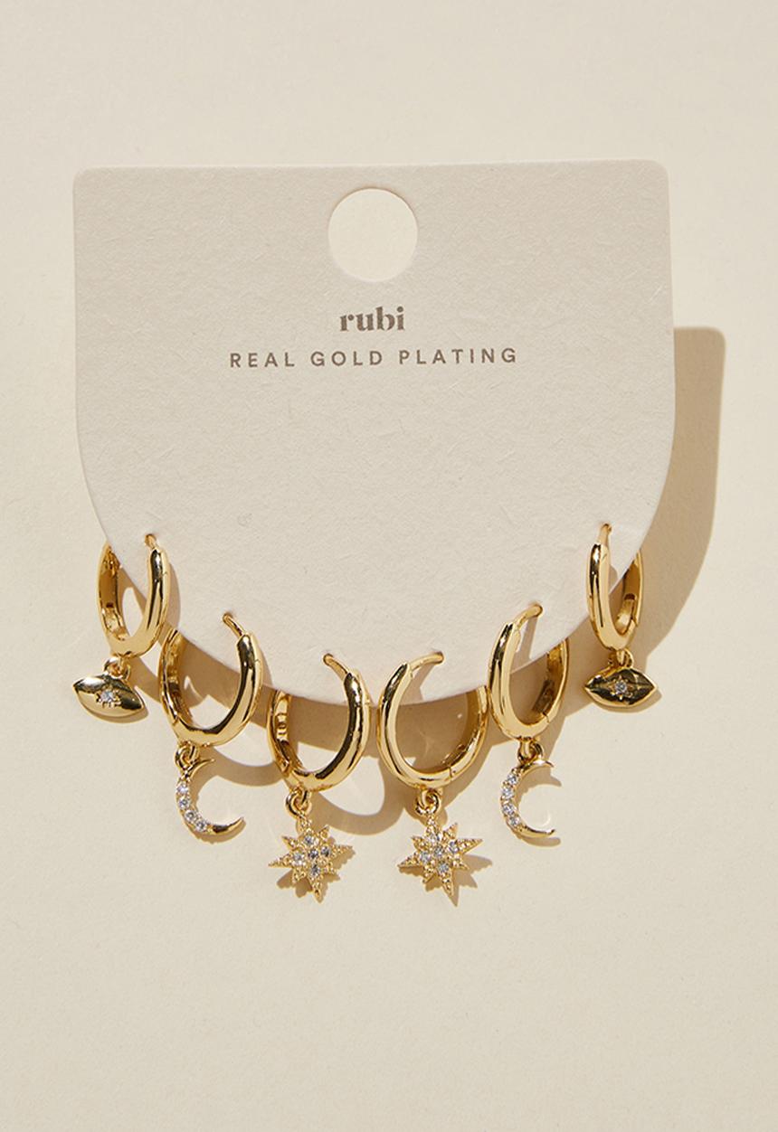Rubi - 3 Pack mid evil eye star moon earring - gold plated