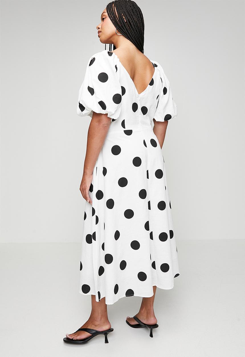 Me&B - Plus Spot Linen Blend Dress with Lace Up Detail - White