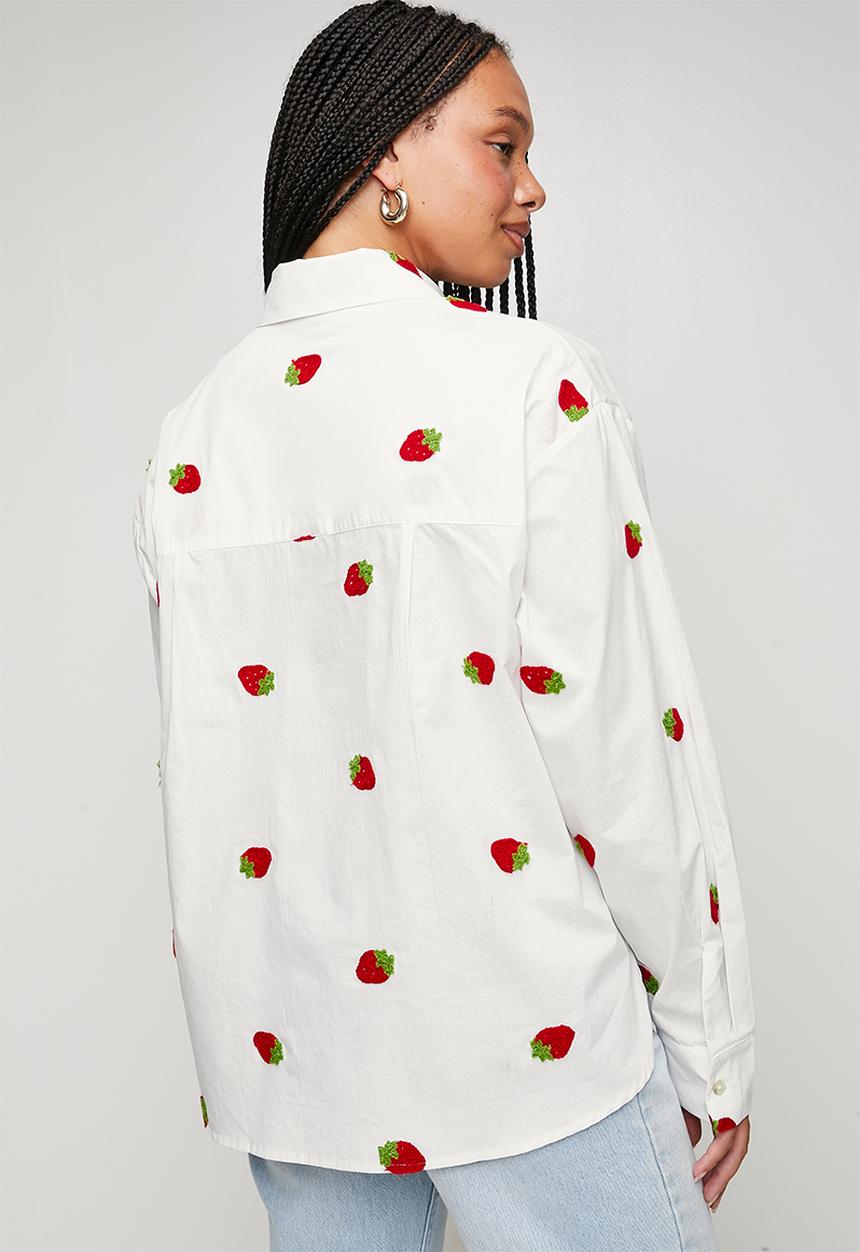 Me&B - Plus Embroidered Cotton Shirt - Strawberry