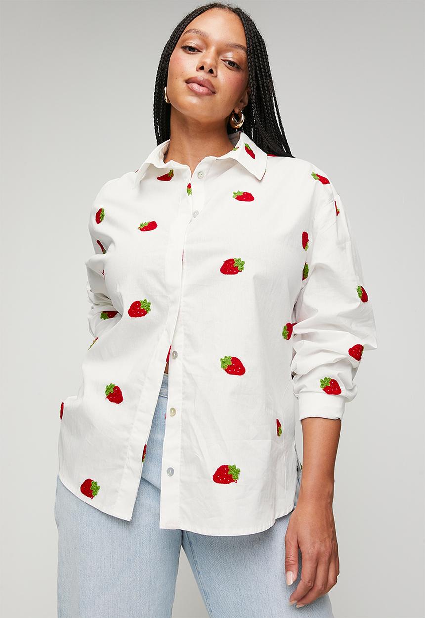 Me&B - Plus Embroidered Cotton Shirt - Strawberry