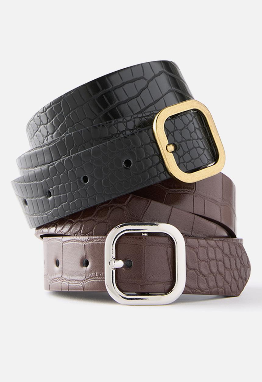 Rubi - Slim Dad Belt 2Pk - Black Texture/Brushed Gold & Choc Texture/Sil