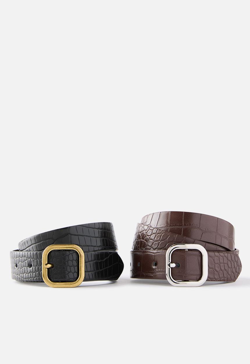 Rubi - Slim Dad Belt 2Pk - Black Texture/Brushed Gold & Choc Texture/Sil
